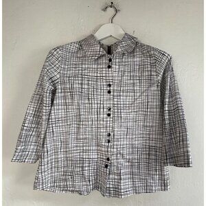 Staples Women's Button Down 3/4 Sleeve Top Sz XS Checkered White Casual Collared